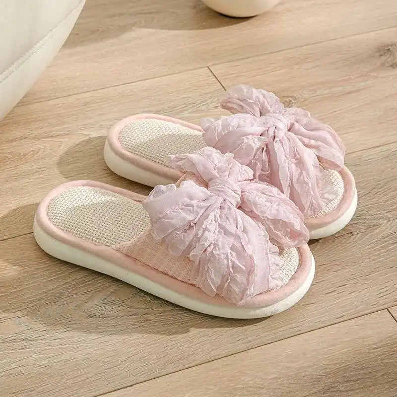 Striped Linen Indoor Slippers Women Cotton Non-slip Soft Bottom Home Wood Floor Sandals Couple Flip Flops Slides for Girls