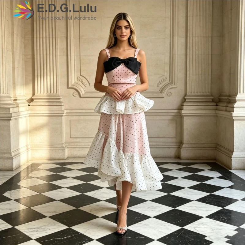 EDGLuLu 2 Pieces Set For Woman Butterfly Knot Splicing Strapless Camisole Top+ Polka Dot Asymmetrical Ruffle Long Skirt Suit0808
