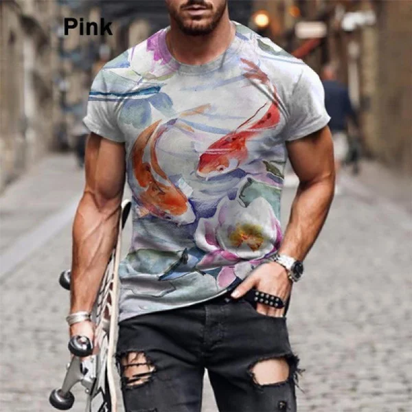 2023 New Fashion Men \'s Personality T Shirt Summer 3D Printed Koi Fish Print Polyester Short Sleeve T-Shirts