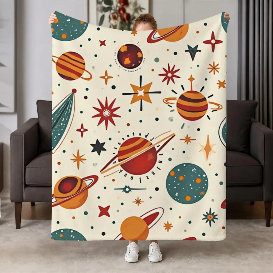 Retro-Futuristic Cosmic Weighted Throw Blanket - Soft Flannel Suitable for Couch, Bed, Travel | Stylized Planets & Stars | Machine Washable Warm Bedspread for &, Decor Gift | - Cozy Blanket, 2D Flat