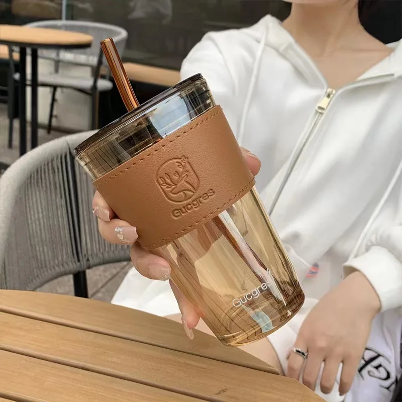 

450ML High Beauty Wind Bamboo Glass Cup Summer Straw Large Capacity Women's Straw Cup