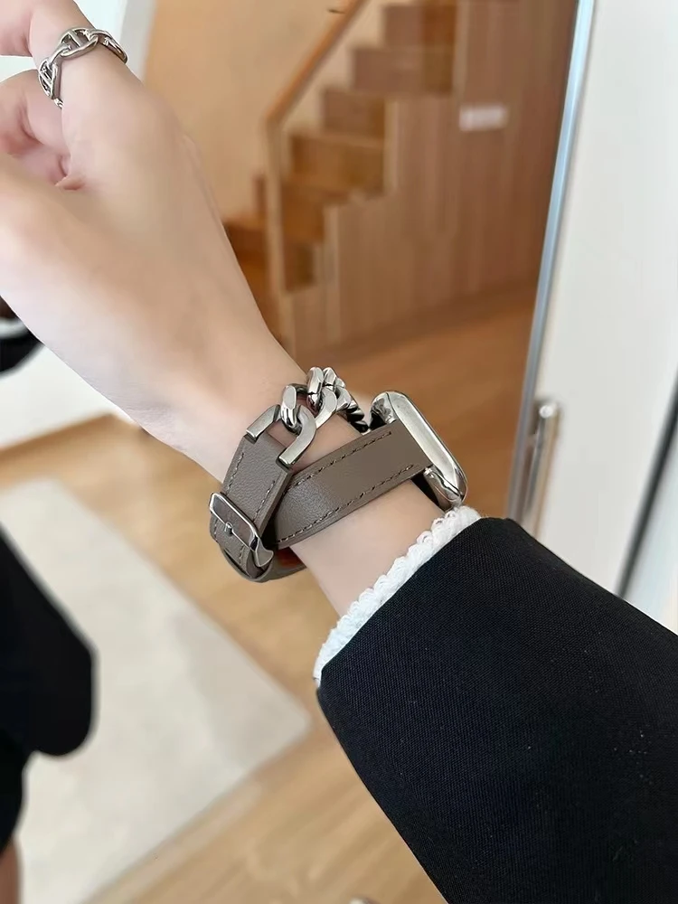 Pulseira de Couro Double Tour para Apple Watch, Correia de Metal para iWatch, Acessórios em Corrente, 40mm, 44mm, 49mm, SE8, 7, 6, 5, 4, 3, 38mm, 42 milímetros, 41 milímetros, 45 milímetros