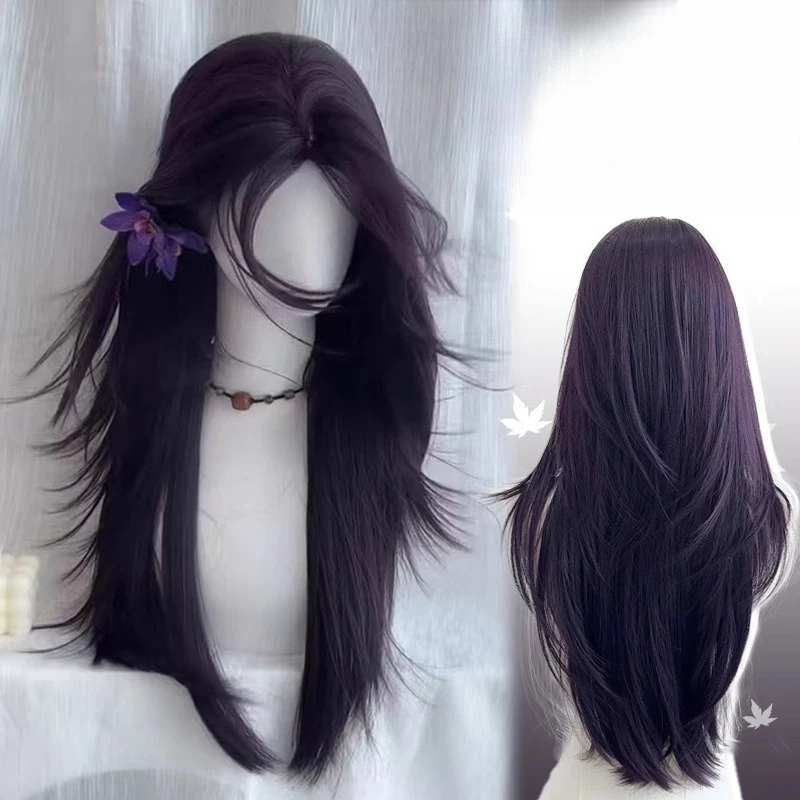 

False hair blackcurrant purple synthetic wigs for women, long straight hair with side-swept bangs, layered and natural-looking.