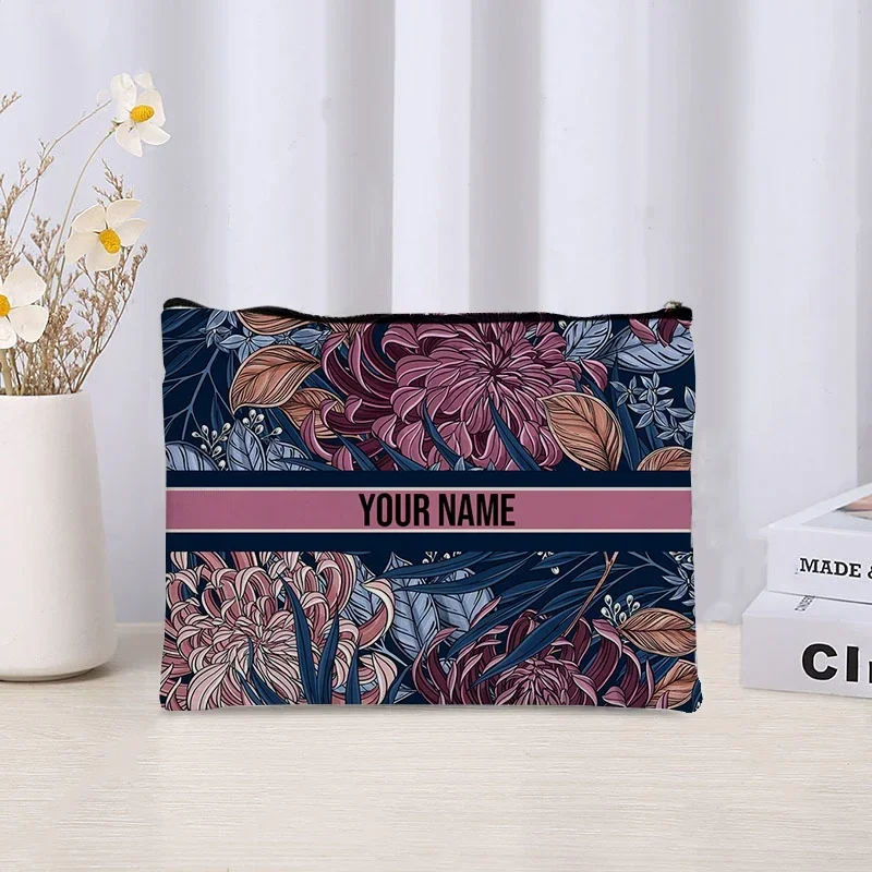 Vintage Floral Name Makeup Bag Custom Travel Cosmetic Organizer Trendy Bridesmaid Gift Eco Canvas Toilet Side Bag for Ladies