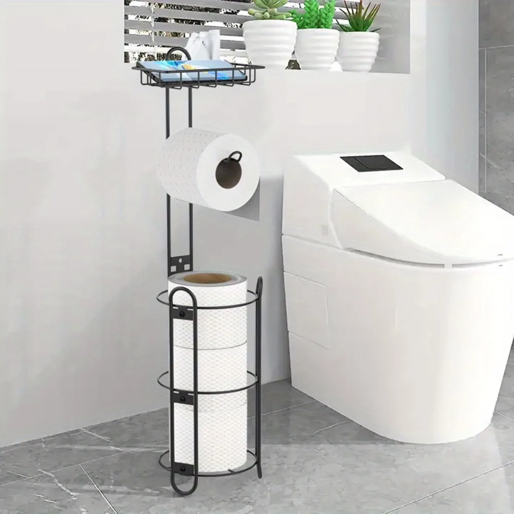 Round toilet paper holder with shelf, bathroom freestanding toilet paper holder