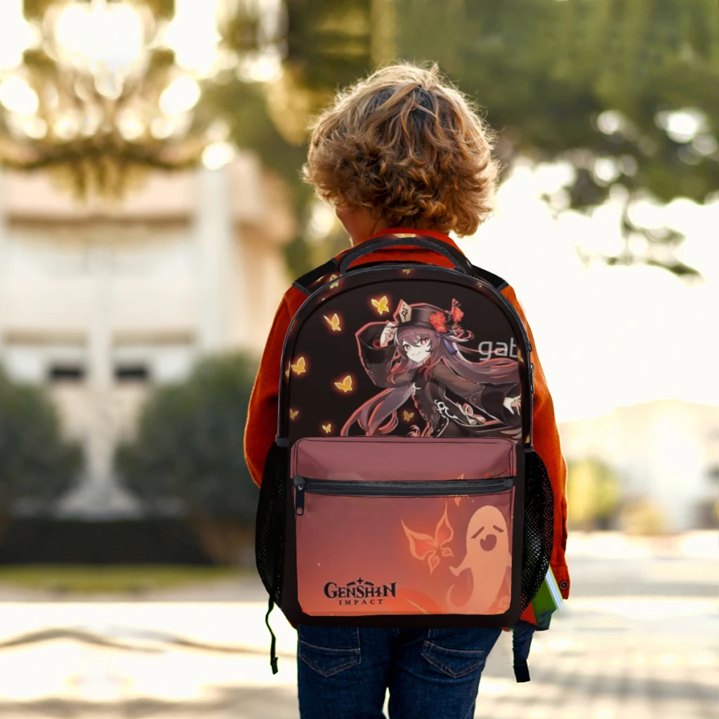 Genshin Impact Hu Tao Mochila para Crianças, Mochila Escolar dos Desenhos Animados do Estudante, Grande Capacidade, 17"