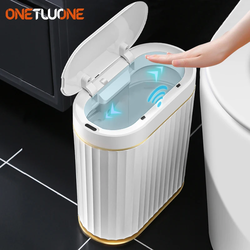 Smart Sensor Trash Can Stripe Golden Edge Waste Bin Bathroom Kitchen Waterproof Bin Narrow Seam Automatic electric Bin