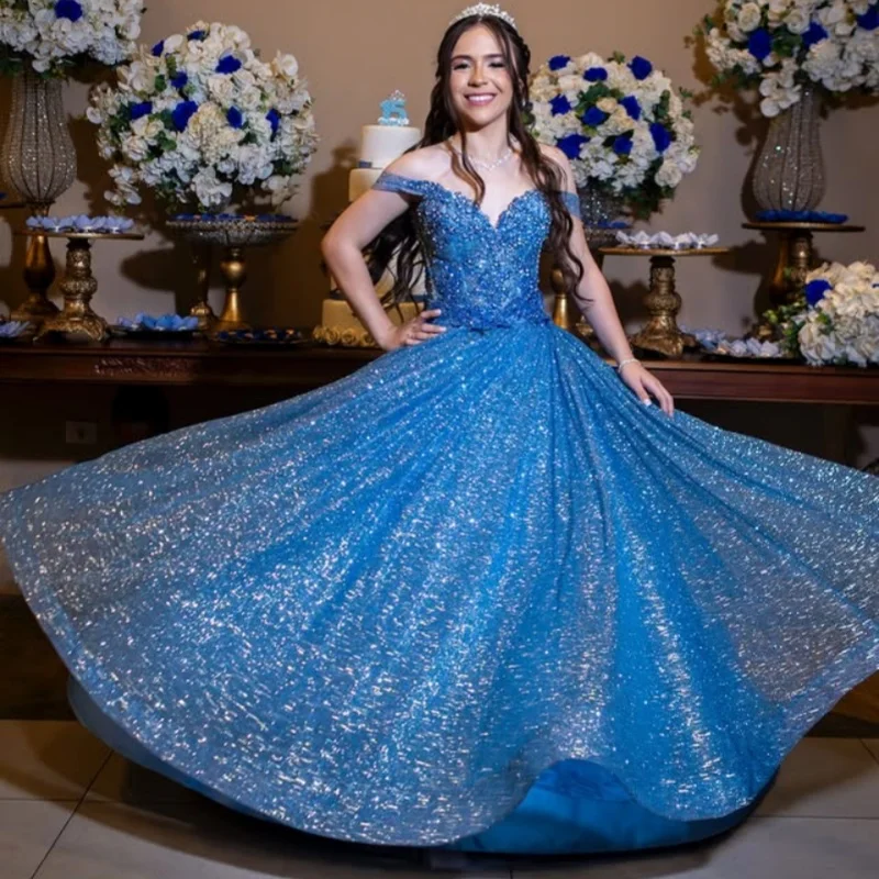 

Shiny Blue Quinceanera Dress Lace decal Tull layering ruffle vestidos de 15 Quinceanera ﻿Customized