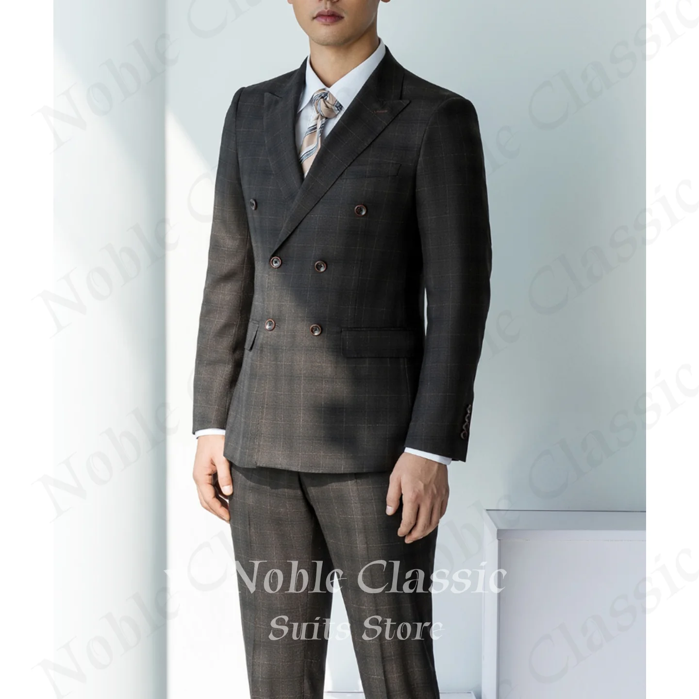 Dark Brown Grey Window Check 2 Piece Suit Blazer Trousers Wide Peak Lapel Double Breasted Wedding Groom Guest Customized