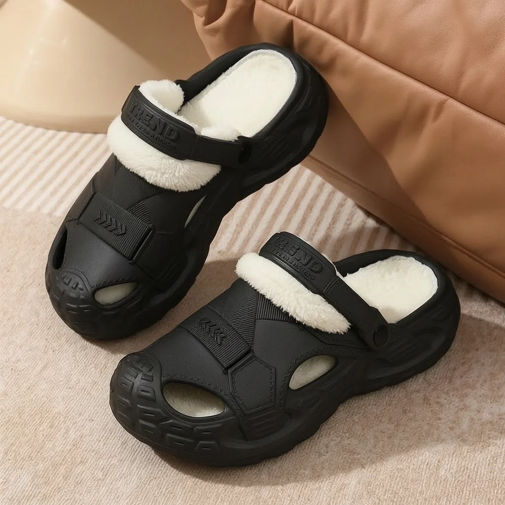 Men Winter Fleece Lined Clogs Removable Plush Liner Closed Toe EVA Slippers Non Slip Warm Outdoor Sandals