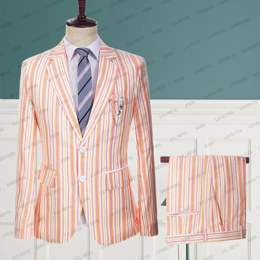 

2023 New Men Business Casual Wedding White Linen Suits Orange And Pink Stripe Male Fashion Slim Fit 2 Pcs Set Jacket Pants