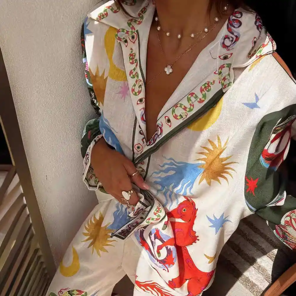 

Комплект из топа и брюк с принтом V-Ne, длинный све, модный женский ансамбль, летняя коллекция, полиэфирная ткань