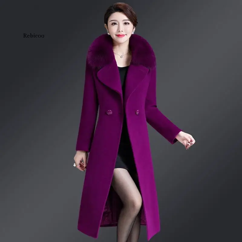 

2023 New Winter Jacket Women Wool Coat Big Fur Collar Woolen Blend Coat Elegant Long Overcoat Outwear Manteau Femme