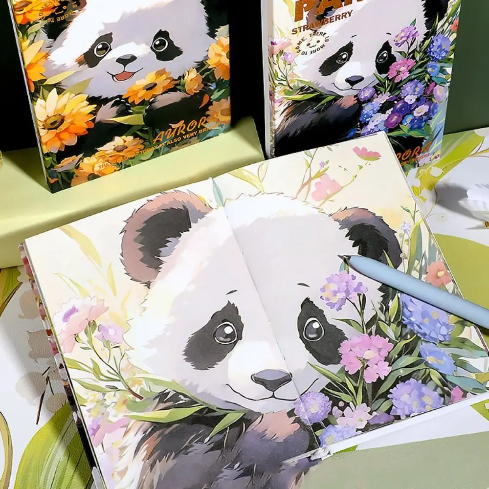 Cartoon Panda Diary Notebook Thickened Illustration Hardcover Panda Art Notepad Flower Pattern Full Color Page Student Handbooks