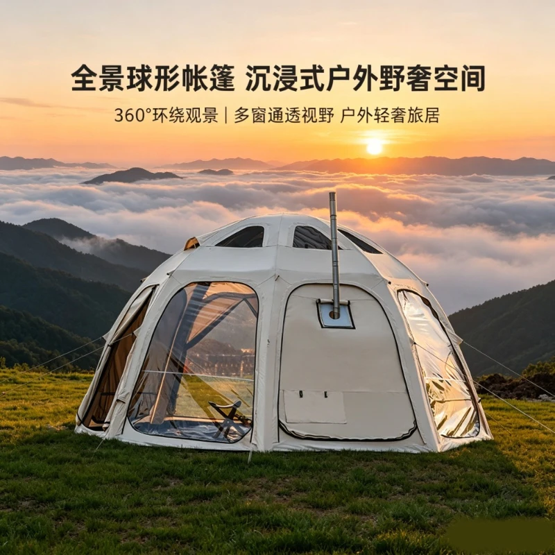 Spherical inflatable tent with chimney mouth panoramic large window outdoor luxury camping bed and breakfast tent