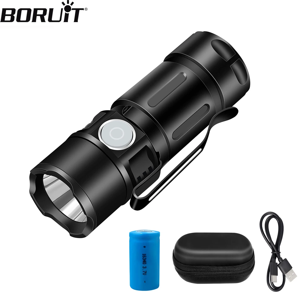 BORUiT Mini Led Flashlight 600LM 16340 Battery USB Rechargeable Pocket Torch Waterproof Camping Light with Magnet & Hug clip