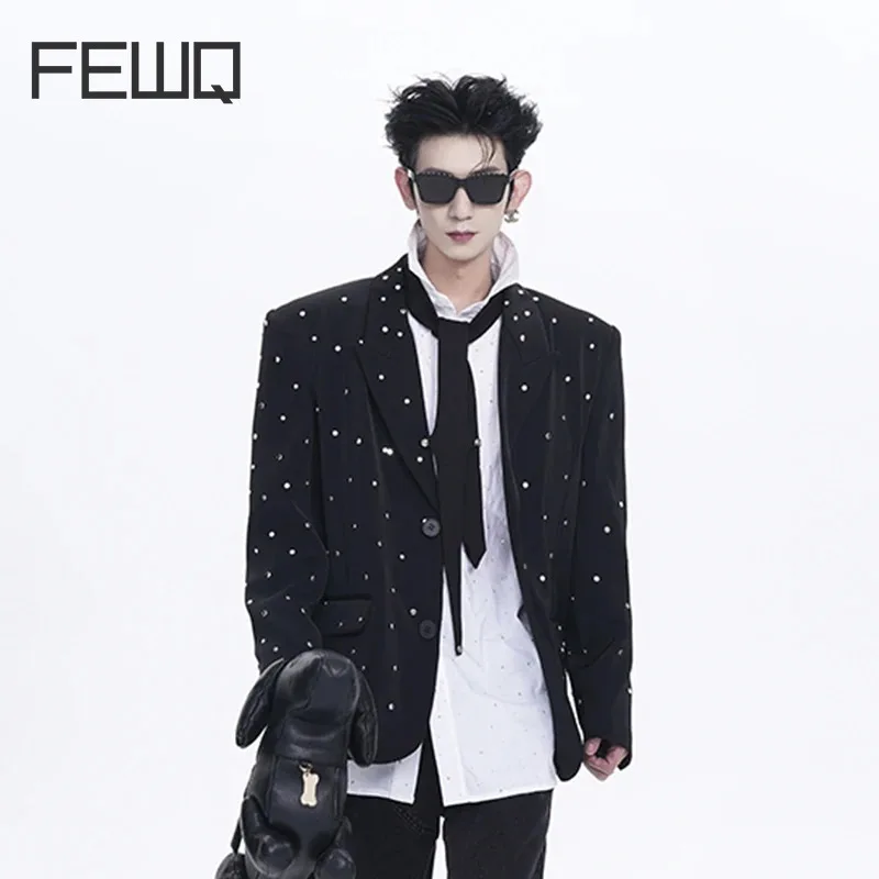 

FEWQ Metal Rivet Shoulder Pad Suit Jacket Autumn Niche 2024 Solid Color Long Sleeve Korea Fashion Male Tops Casual 24E1754