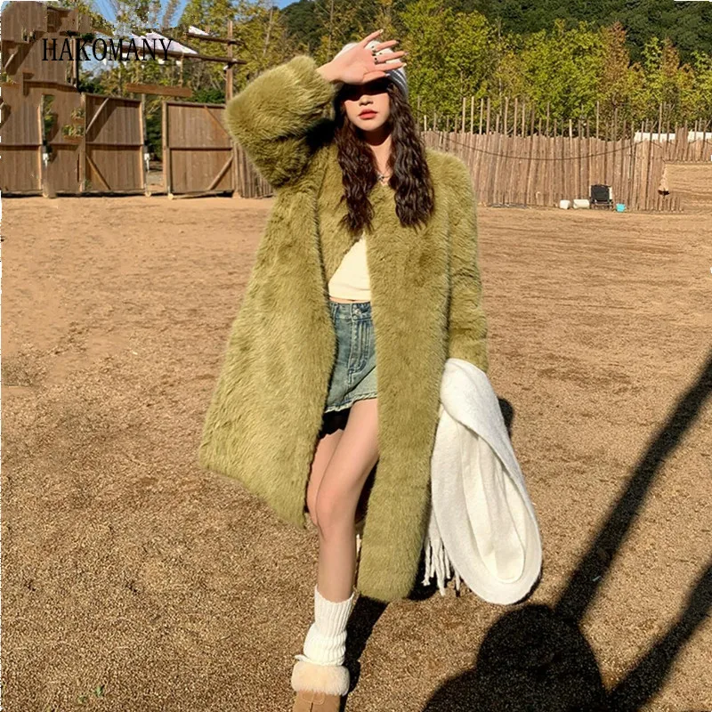 

Women Below Knee Midi Outerwear Winter Green O neck Shaggy Soft Rabbit Faux Fur Coat Loose Long Sleeve Stay Warm Furry Jacket