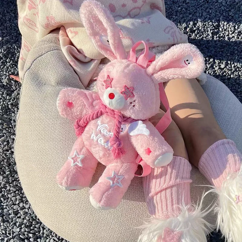 Cotton Cute Cartoon Rabbit Girl Backpack Spicy Girl Y2k Loli Doll Rabbit Plush Sweetheart Hemp Rope Backpack Children's Toy Bag