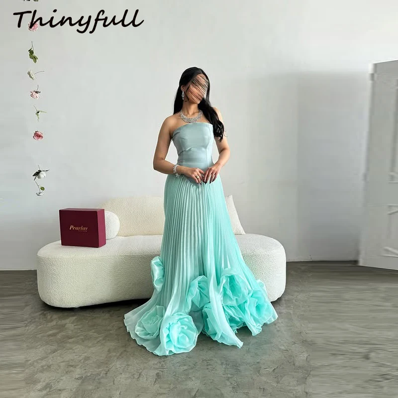 

Thinyfull A-line Arab Prom Dresses 3D Flower Strapless Sleeveless Satin/Organza Evening Party Dress 2025 Long Gown Customized