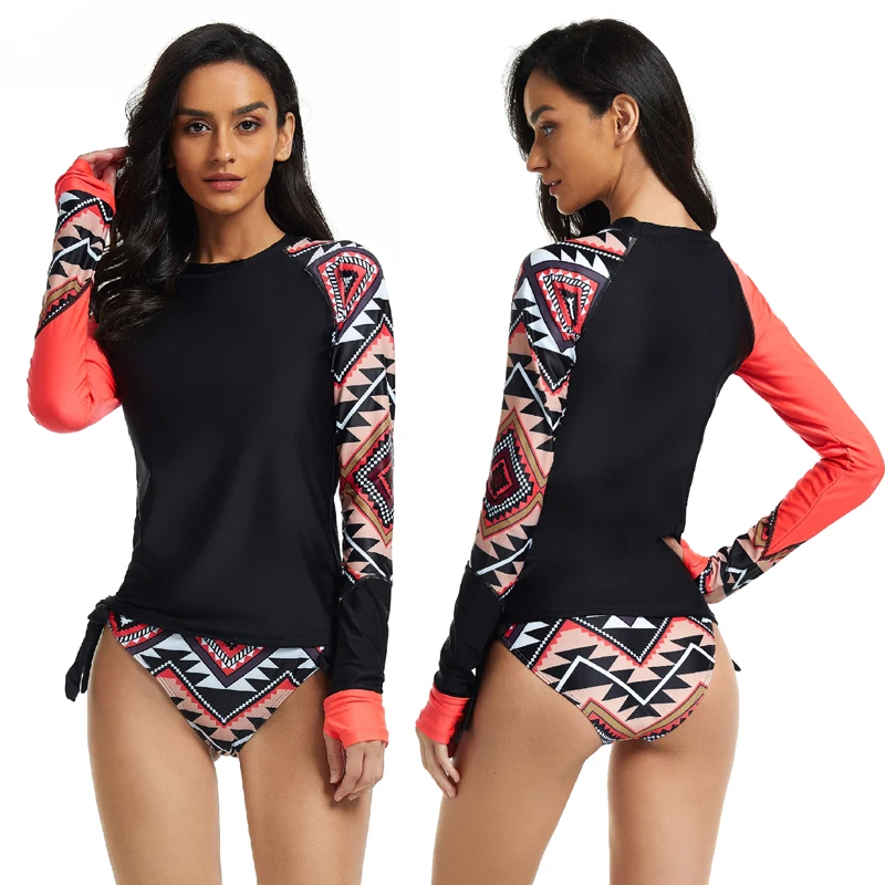 Women 2 Piece Rash Guard Long Sleeve Bathing Suit Shirt + Briefs Built in Bra Swimsuit Sun UV Protection Sun Suit Tops Bottoms