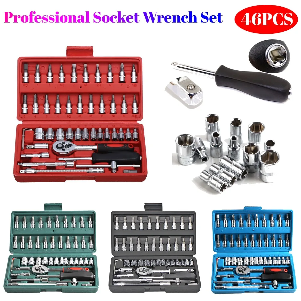 46PCS Socket Wrench Set Professional Mechanical Workshop Tools Kit Motorcycle Ratchet Spanner Multi-functional Car Repair Tools