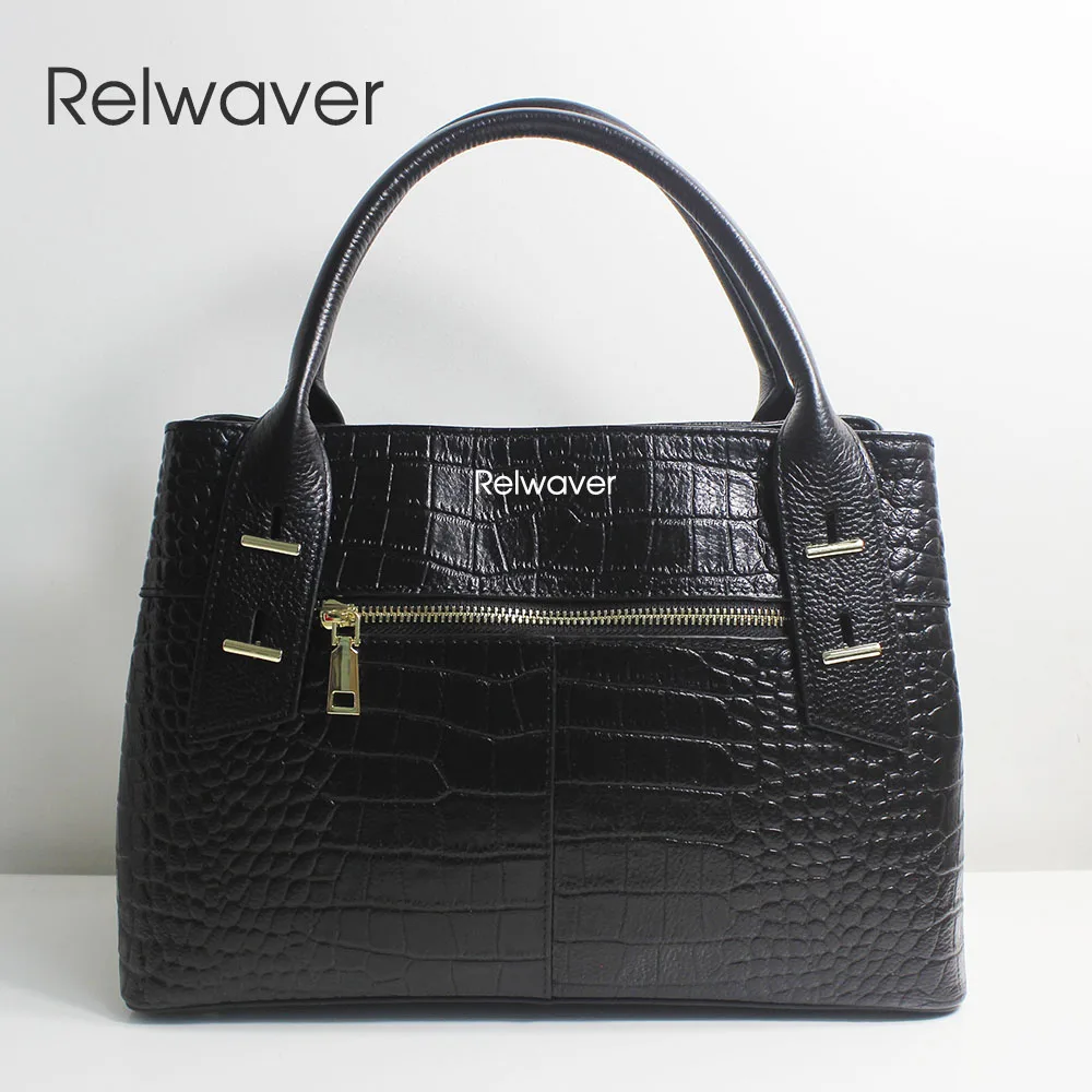 Relwaver women handbag genuine leather crocodile pattern cow leather tote bag black big luxurious women shoulder crossbody