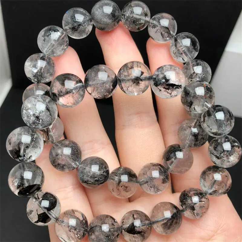 12MM Natural Black Herkimer Diamond Bracelet Reiki Healing Fengshui Stone Fashion Jewelry For Women Holiday Gift 1PCS