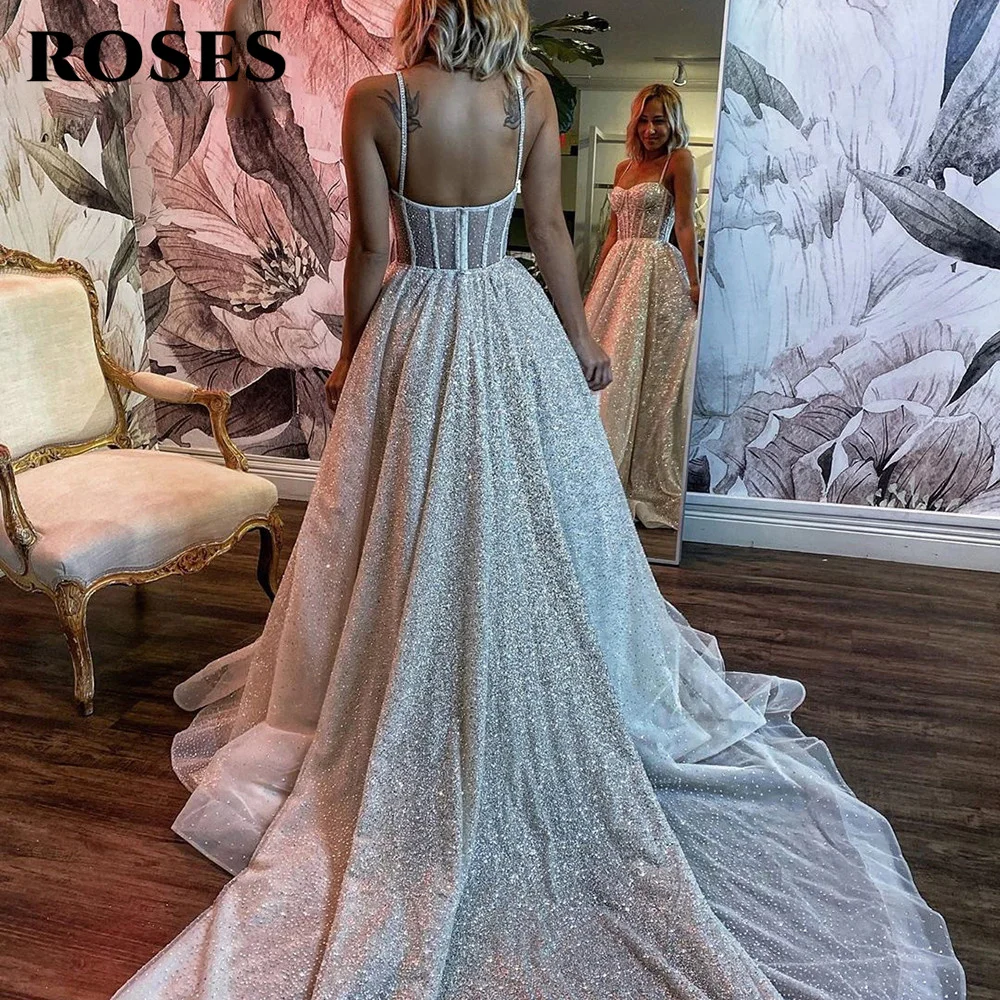 Lily Glitter Wedding Dresses Backless Bride Dress A Line Shiny Tulle Spaghetti Straps Beaded Long Tail Bride Gowns Customized