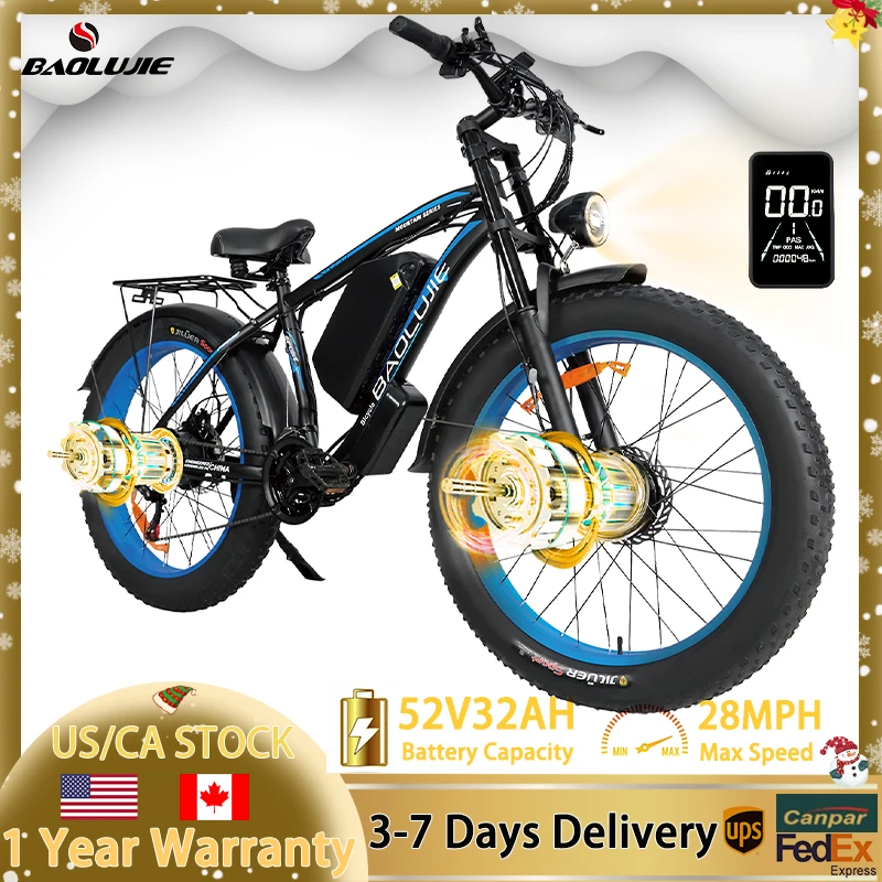 

BAOLUJIE Adult Electric Bike 3000W Electric Bicycle 52V 32AH E Bike Mountain 28mph Dual Shock Absorber 26" Electric Dirt Bike