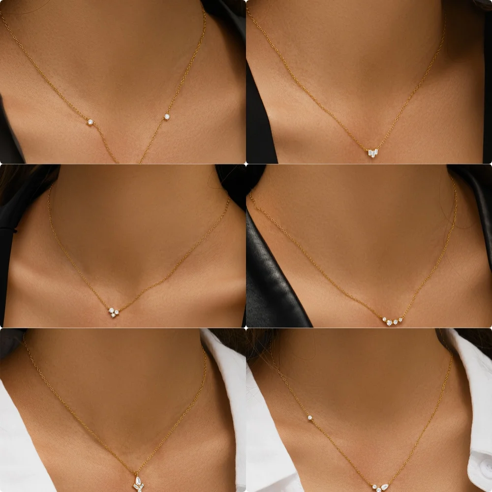 LENNIK 925 Sterling Silver Geometric Single Row Zircon Necklace Women's Fashion Layering Summer Collarbone Chain Wedding Jewelry