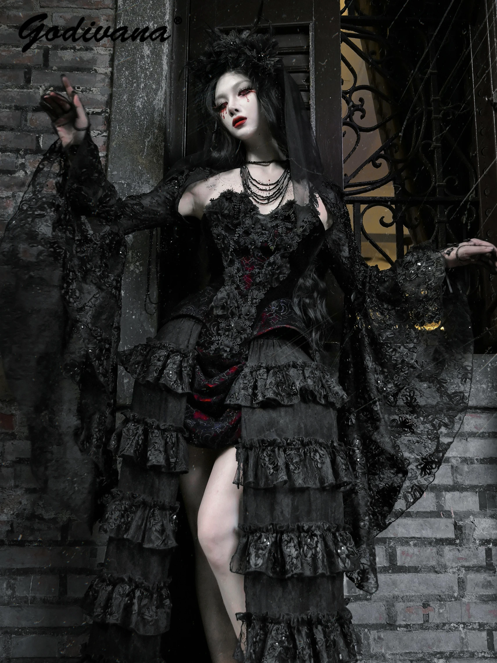 هالوين القوطية الدانتيل زهرة المطرزة المخملية مشد متعدد الطبقات قطار تنورة المرأة الرجعية تنورة الدعاوى تأثيري وتتسابق #6