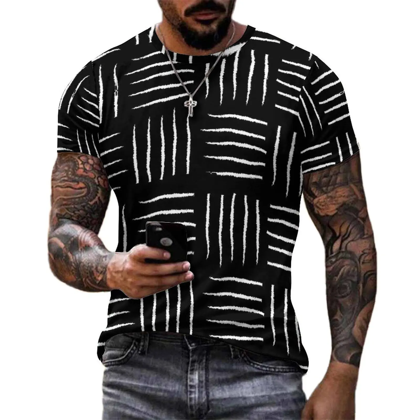 Man Check Print T-Shirt Modern Checkerboard Retro T-Shirts Short Sleeve Pattern Tshirt Cheap Y2K Casual Oversize Clothing