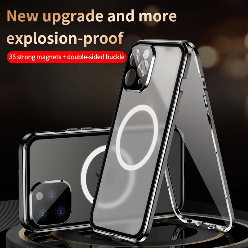 

Magnetic Magsafe Case for iPhone 14 13 16 15 Pro Max 360° Double-sided Metal alloy Glass Frosted Back with Lens Protector Cover