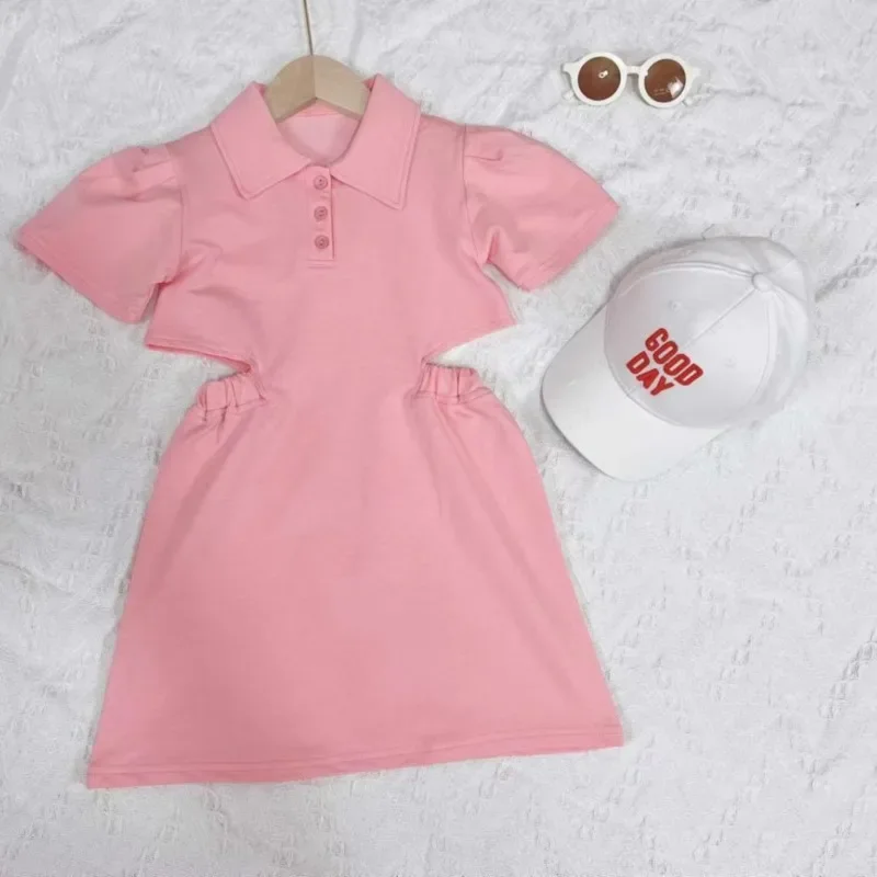 

Summer Pink Polo T Shirt Dress Lolita Child Girls Casual Midi Dress Children Dresses For Teens Party Princess Sundress