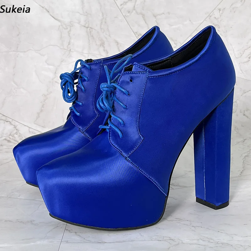 Sukeia  Handmade Women Platform Pumps Satin Chunky Heels Round Toe Beautiful Blue Party Shoes Ladies US Plus Size 5-20