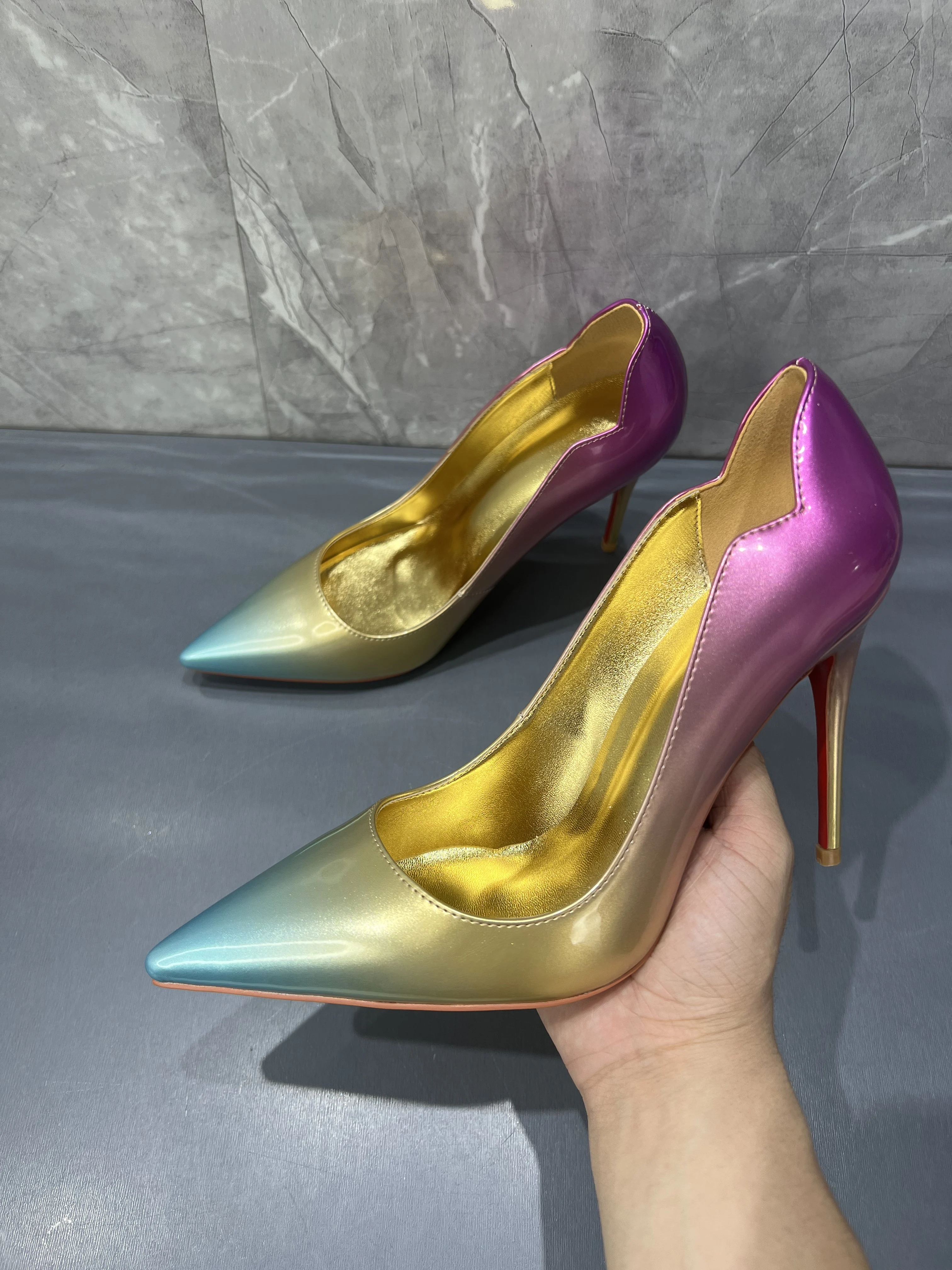 

Gradient Colorful Print Leather Female Pointed Toe Single Shoes Sexy Thin High Heels Pumps Women Catwalk Party Dress Shoes