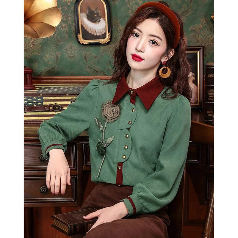 2024 New Chinese Style Shirt Women\'s Long Sleeve Retro Hong Kong Style Embroidered Blouse Color Matching Shirts Blouse Ladies