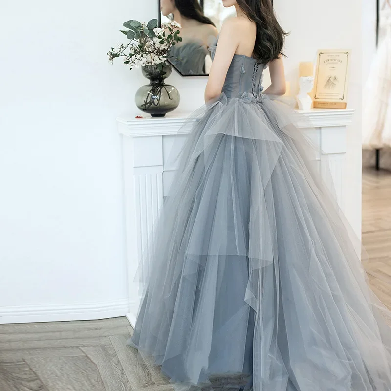 Customized Customized Exquisite Mesh Design Strapless Wedding Party Dress Draped Ball Gown Appliques Waist Prom Vestidos 2024 Ev