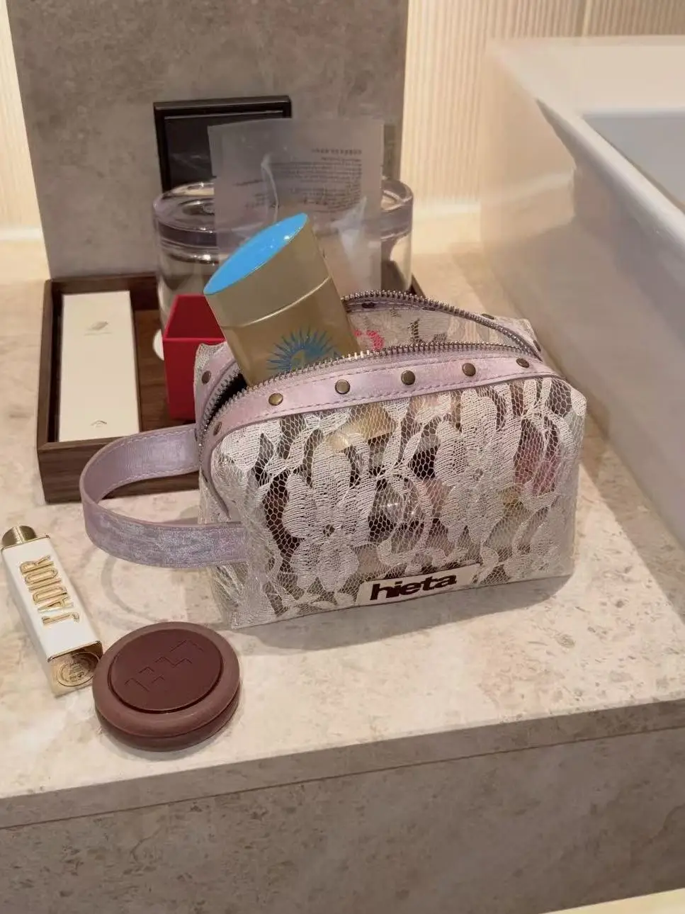 Hieta26 Summer Y2K Lace Sexy Girl Rivet Large Capacity Waterproof Makeup Storage Bag Casual Simple Style Zipper Closure Square