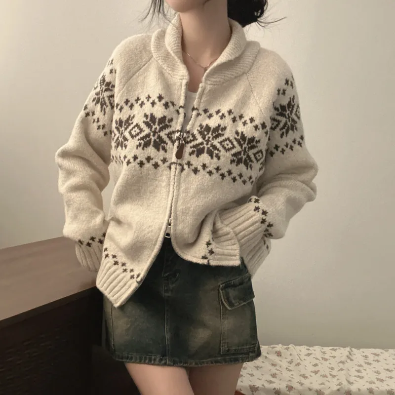 

Korean Style Contrast Color Jacquard Design Cardigan Women Casual Comfortable Long Sleeve Ladies Coats Chic Autumn Knit Sweater