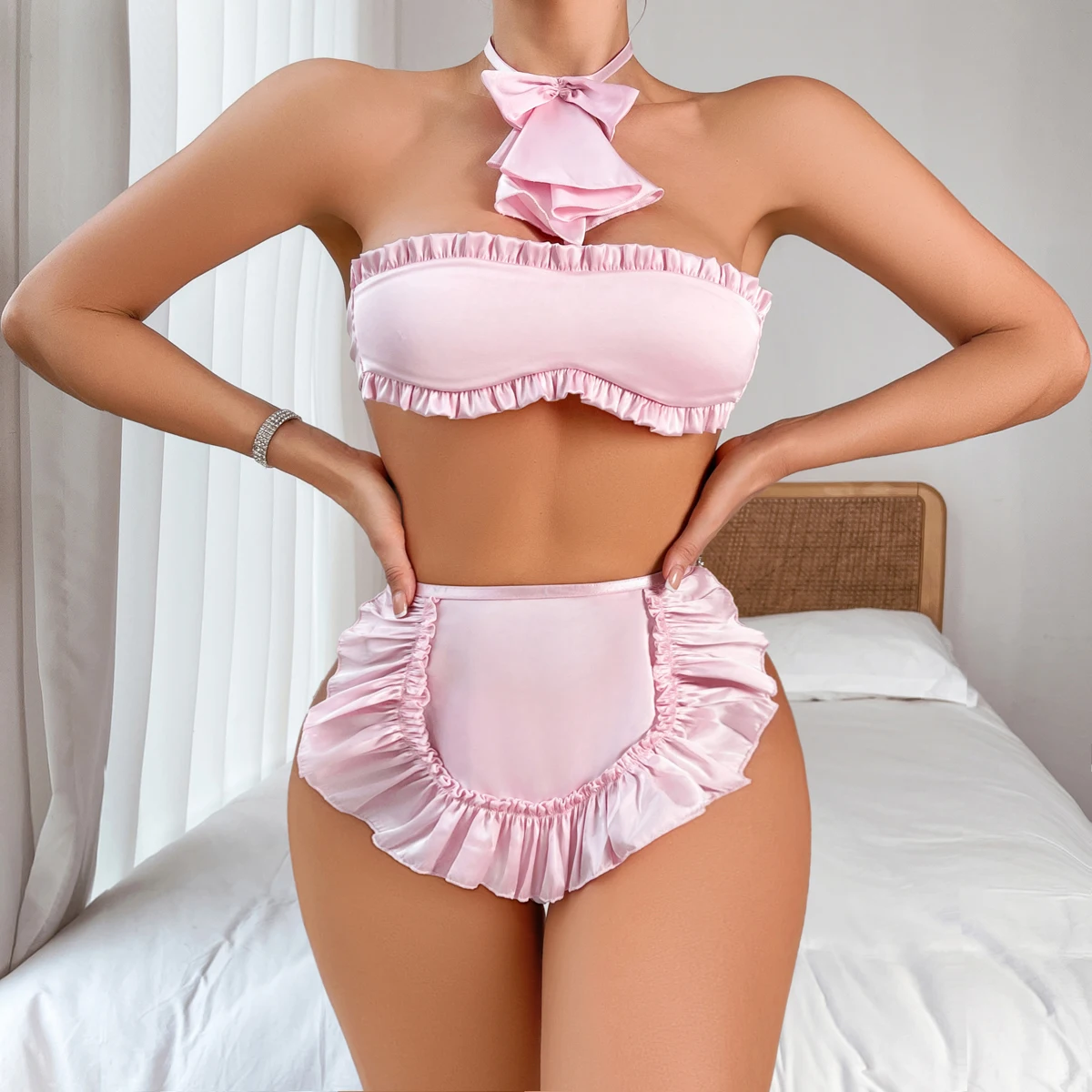 

2024 Trend Lingerie Japanese Style Sexy Strapless Wrap Bra Set Exquisite Pink Cute Girl Erotic Sexy Lingerie Panties Set of Four