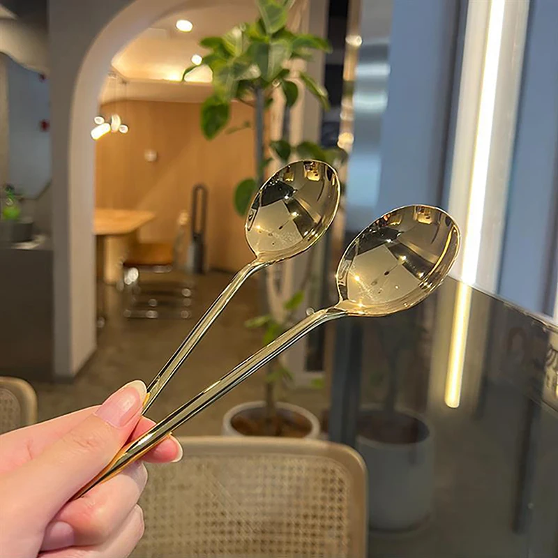 الفولاذ المقاوم للصدأ جولة رئيس ملعقة النمط الغربي مقبض طويل ملعقة سميكة الأكل ملعقة المنزلية مغرفة أواني المطبخ