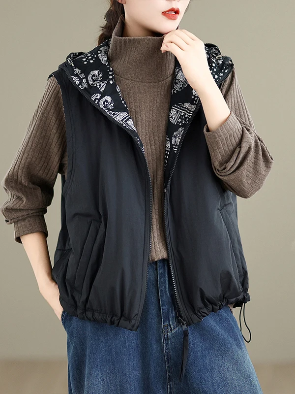 女性の両面着用秋冬コットンベストフード付き多用途痩身暖かいコットンジャエットコットンコートアウターウェア