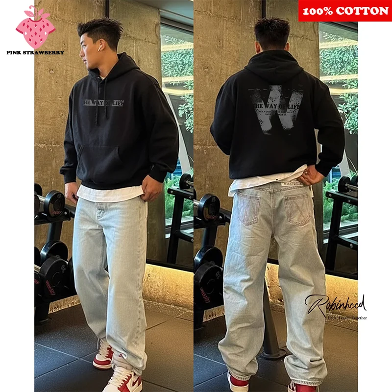 Felpa con cappuccio in peluche nero stile americano uomo donna autunno inverno 2025New felpa pullover calda in cotone oversize Y2k Top abbigliamento da uomo