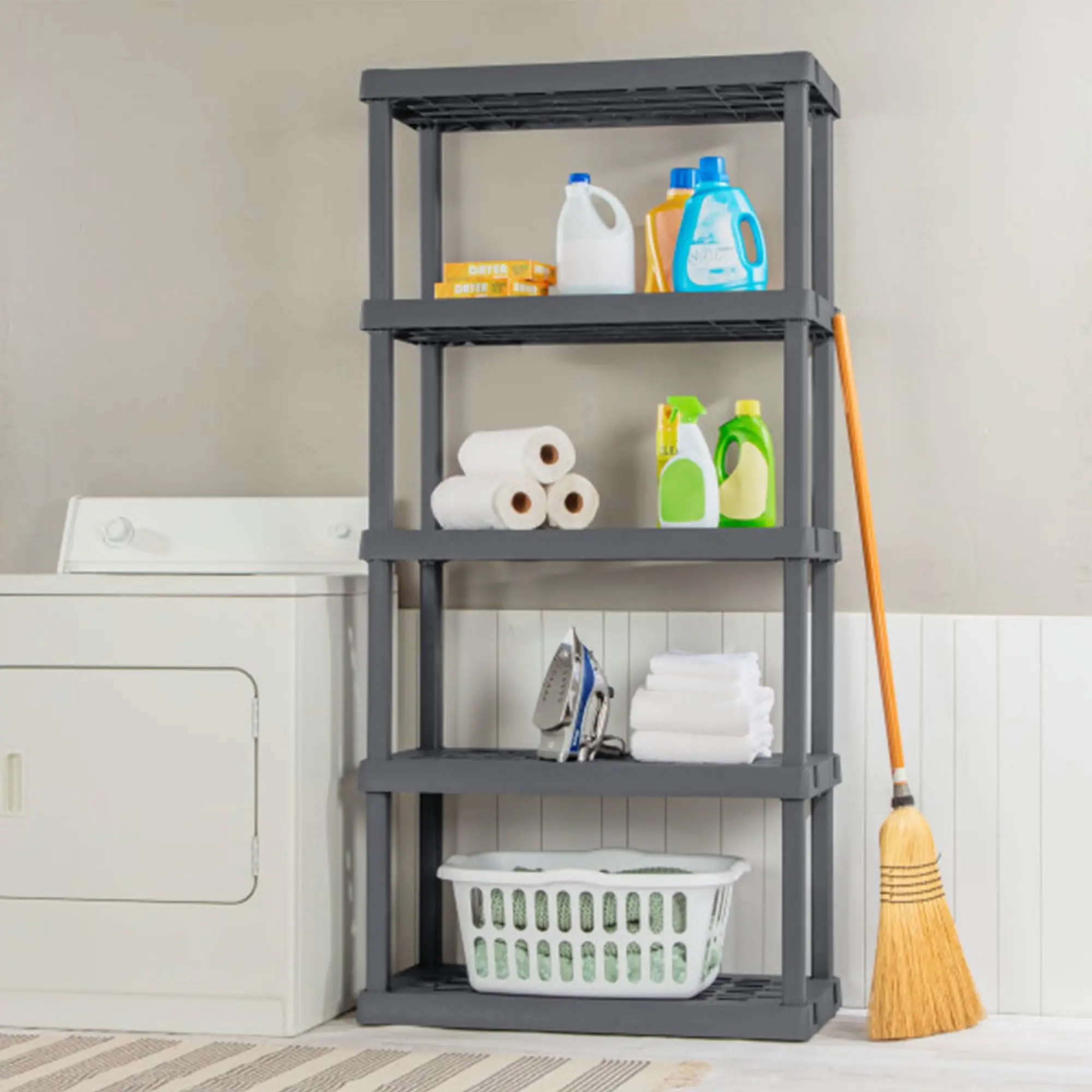 5 Shelf Unit, Heavy-Duty Plastic Utility Storage Rack, 4-Pack