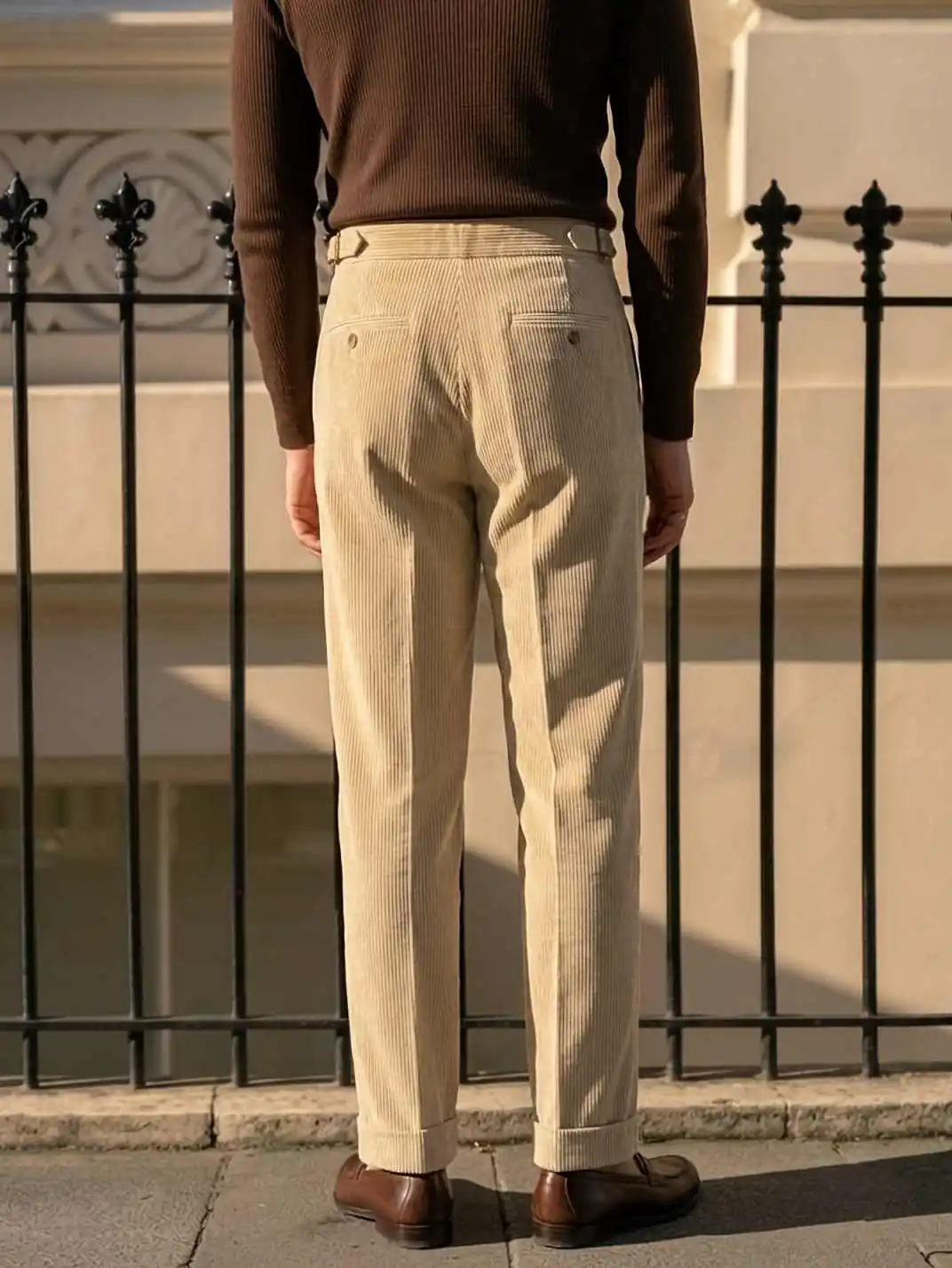 Vintage Mens Dress Pants Raised Waist Front Pleat Corduroy Material Rolled Hem Relaxed Bottoms For Daily Office Event Customized