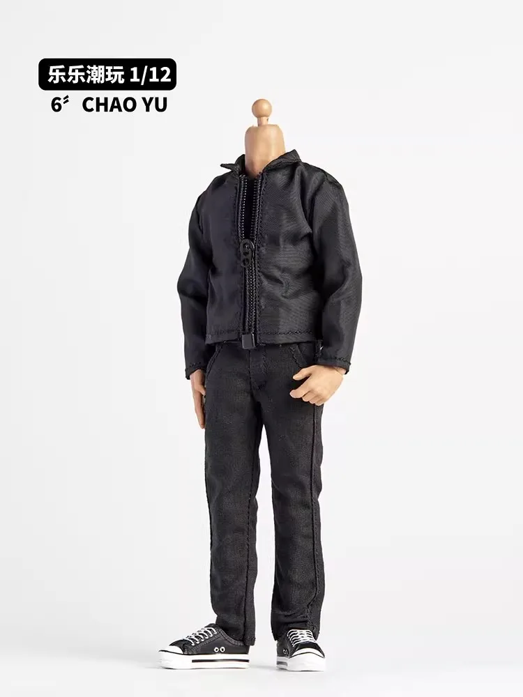 In Stock 1/12 Soldier Leisure Black Zipper Jacket Coat Straight Leg Pencil Pant Vest Fit 6'' Action Figure Male Body Doll