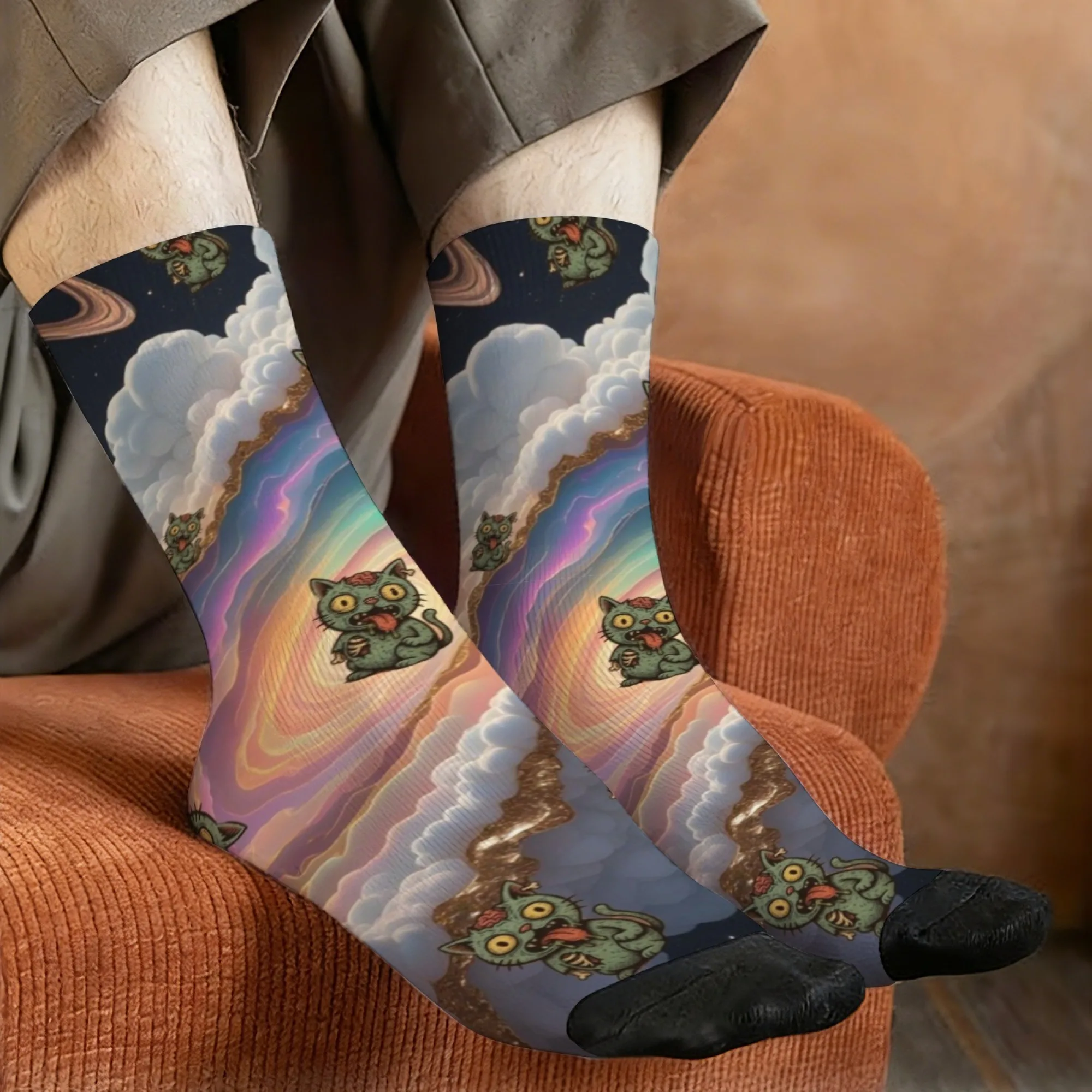 Neuartige Harajuku Retro Psychedelic Rainbow Grotesk Green Cat Crew Socken Sternenhimmel Wolkenmuster Mid-Calf Socken Edgy Casual Wear