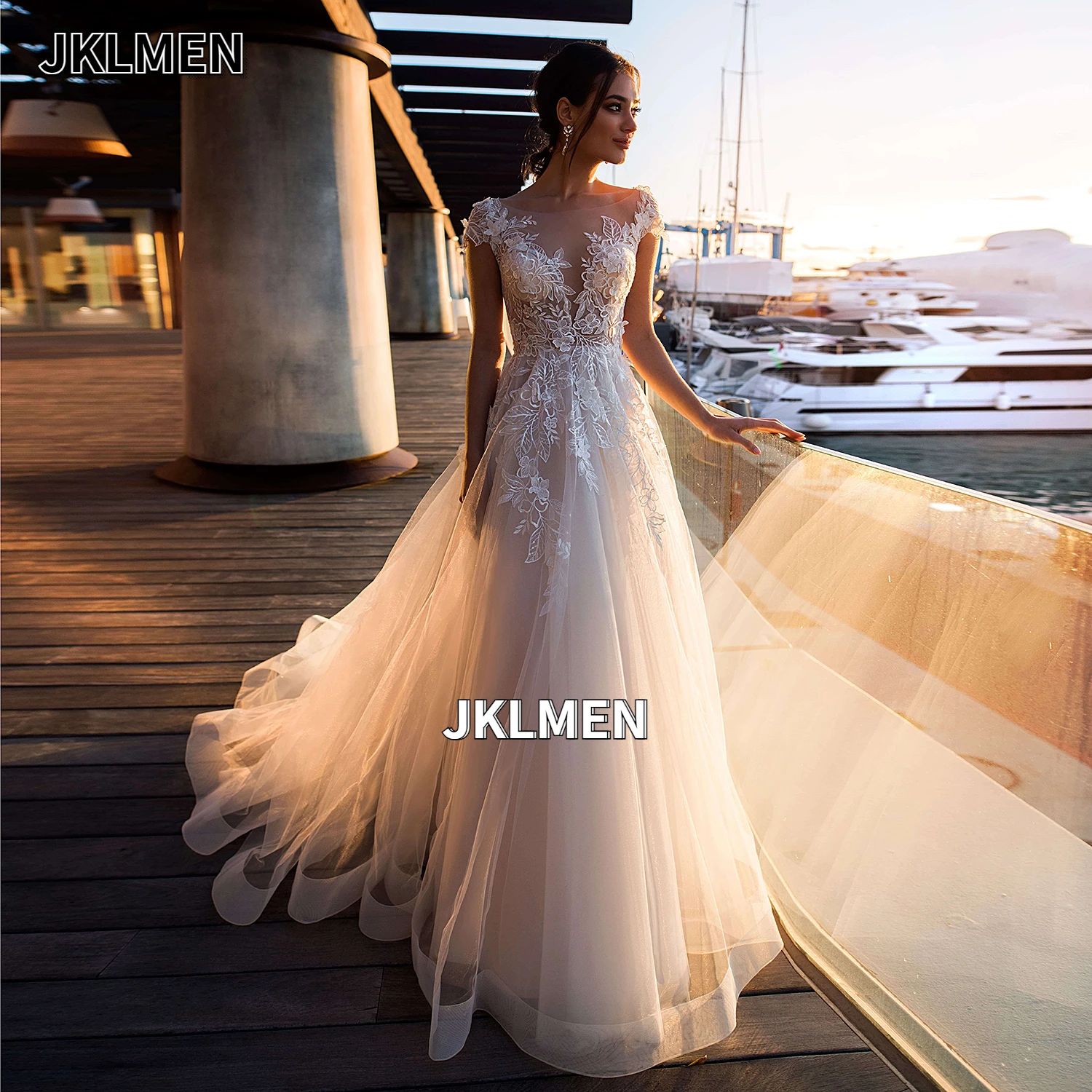 Vestido de novia de cuello redondo con cremallera y espalda, vestido de novia largo de playa de tul, hecho a medida, ilusión ligera